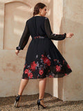 Plus Size Floral Surplice Neck Tie Waist Dress - Trendsi - Flyclothing LLC