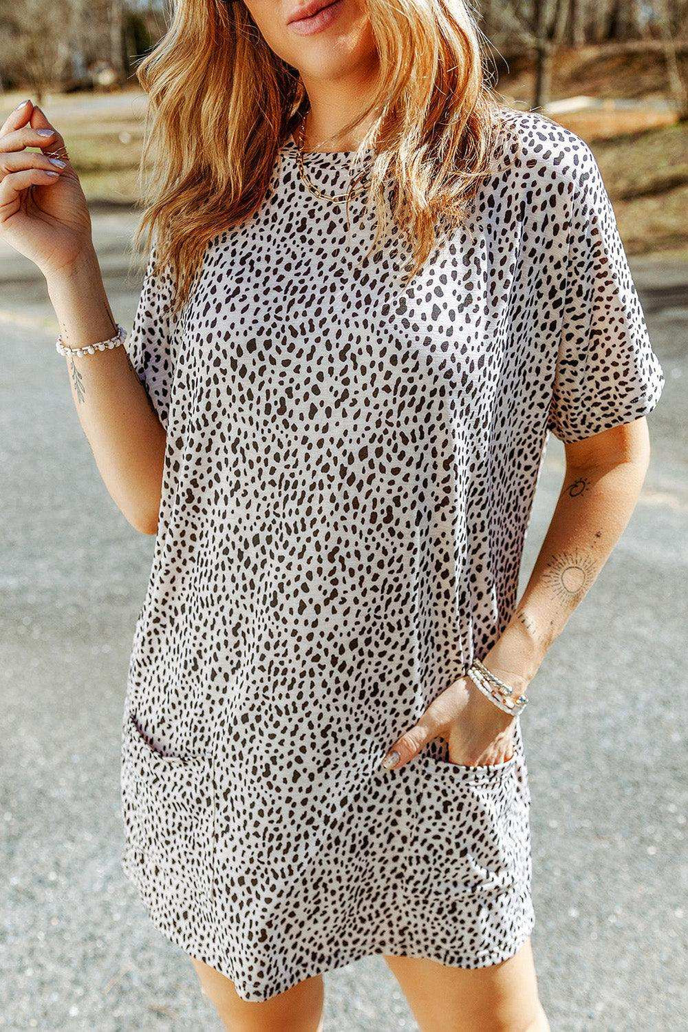Animal Print Round Neck Tunic Tee with Pockets - Trendsi - Flyclothing LLC