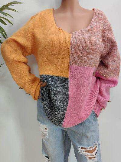 Color Block Decorative Button Long Sleeve Sweater - Trendsi - Flyclothing LLC