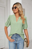 Eyelet Short Puff Sleeve Notched Neck Top - Trendsi - Flyclothing LLC