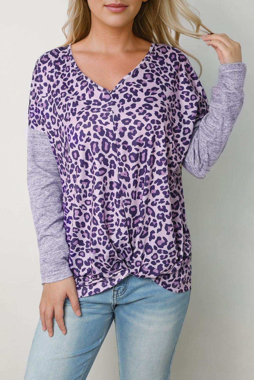 Leopard V-Neck Long Sleeve T-Shirt - Trendsi - Flyclothing LLC