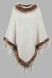 Faux Fur Trim Fringed Poncho - Trendsi - Flyclothing LLC