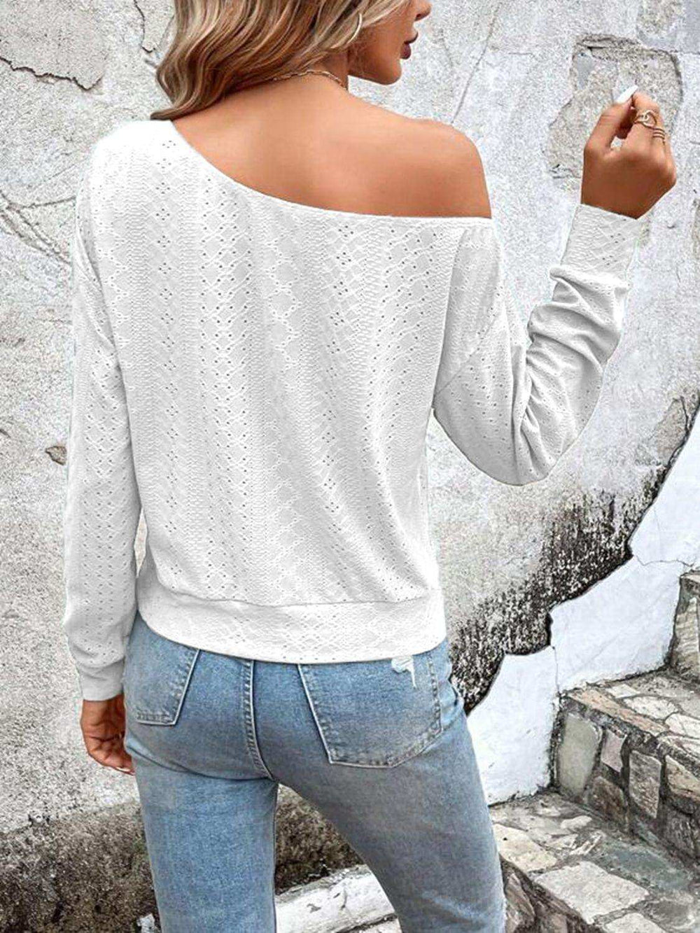 Eyelet Dropped Shoulder Blouse - Trendsi - Flyclothing LLC