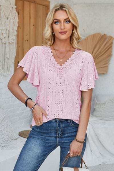 Eyelet Applique V-Neck Cap Sleeve T-Shirt - Trendsi - Flyclothing LLC