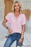 Eyelet Applique V-Neck Cap Sleeve T-Shirt - Trendsi - Flyclothing LLC