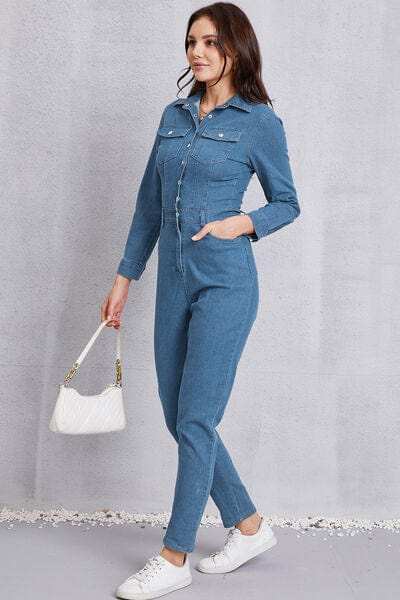 Snap Down Denim Jumpsuit with Pockets - Trendsi - Flyclothing LLC
