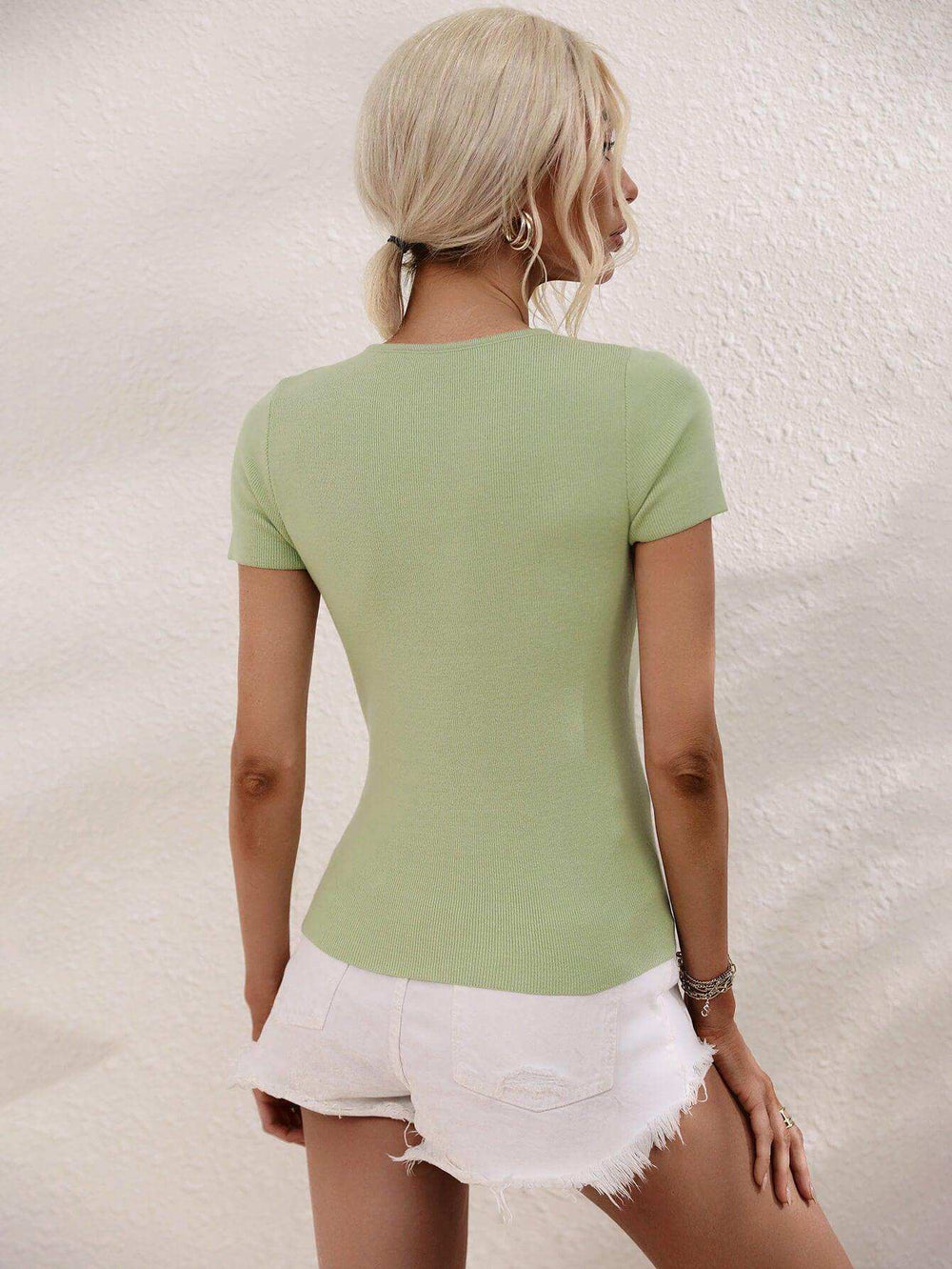 Cutout Round Neck Short Sleeve Knit Top - Trendsi - Flyclothing LLC