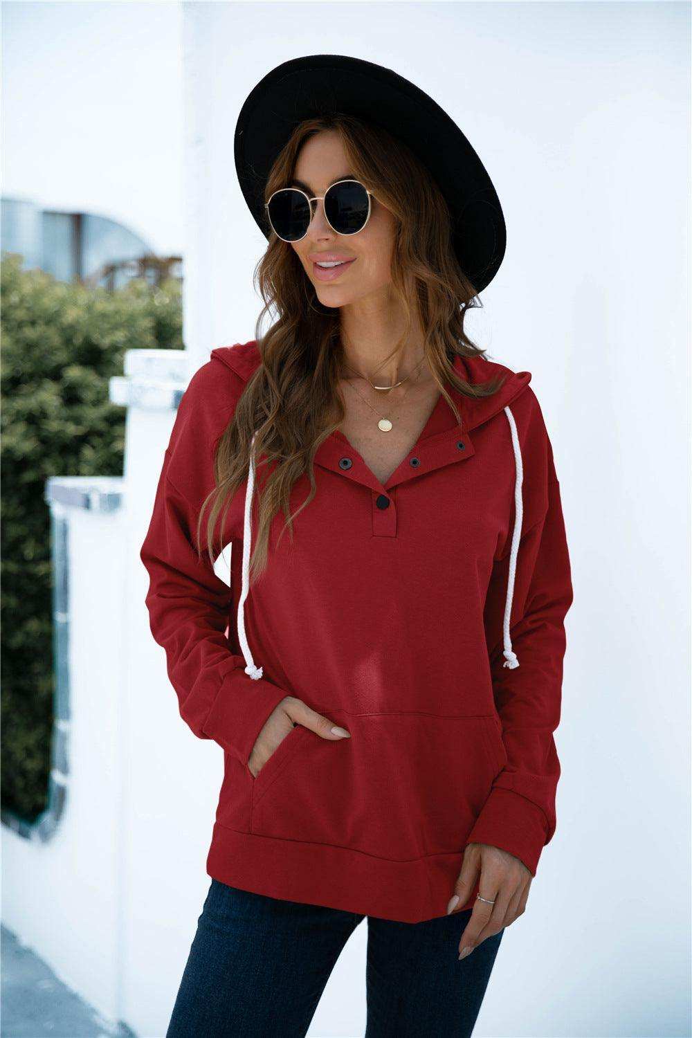 Quarter Snap Drawstring Hoodie with Kangaroo Pocket - Trendsi - Flyclothing LLC