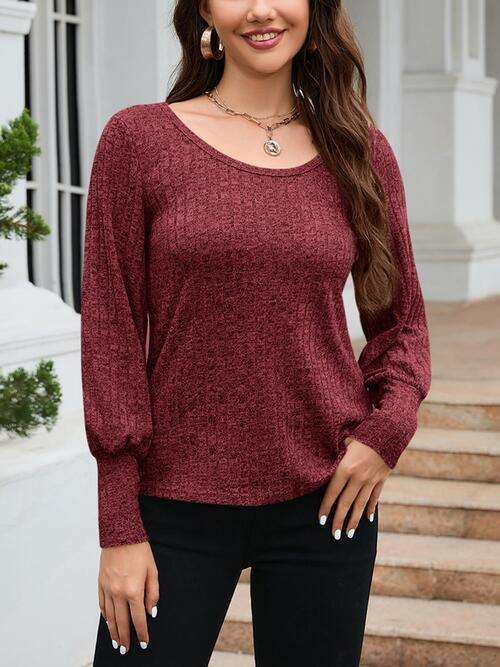Ribbed Round Neck Lantern Sleeve Knit Top - Trendsi - Flyclothing LLC
