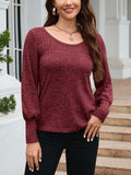 Ribbed Round Neck Lantern Sleeve Knit Top - Trendsi - Flyclothing LLC