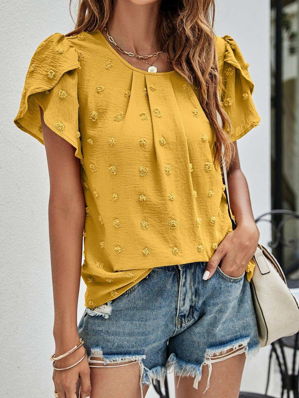 Swiss Dot Round Neck Petal Sleeve Top - Trendsi - Flyclothing LLC