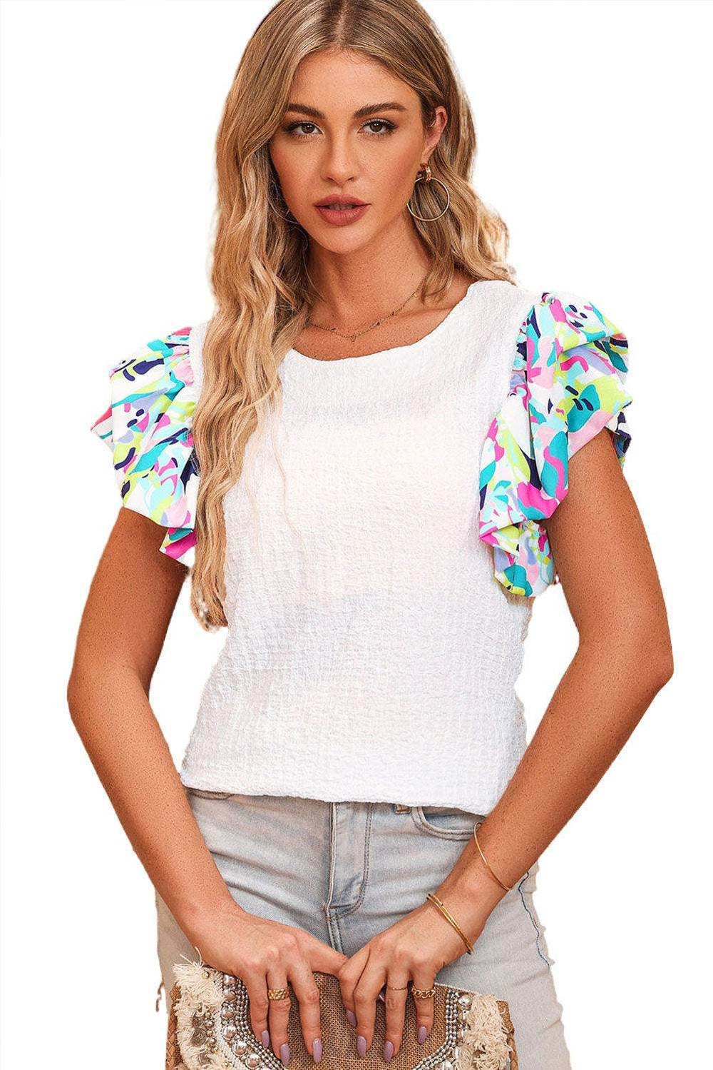 Multicolored Flutter Sleeve Round Neck Blouse - Trendsi - Flyclothing LLC