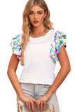 Multicolored Flutter Sleeve Round Neck Blouse - Trendsi - Flyclothing LLC