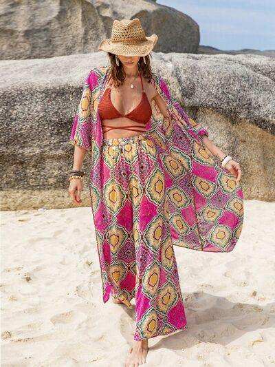 Printed Open Front Cardigan and Pants Set - Trendsi - Flyclothing LLC