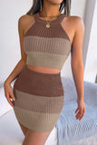 Color Block Sleeveless Crop Knit Top and Skirt Set - Trendsi - Flyclothing LLC