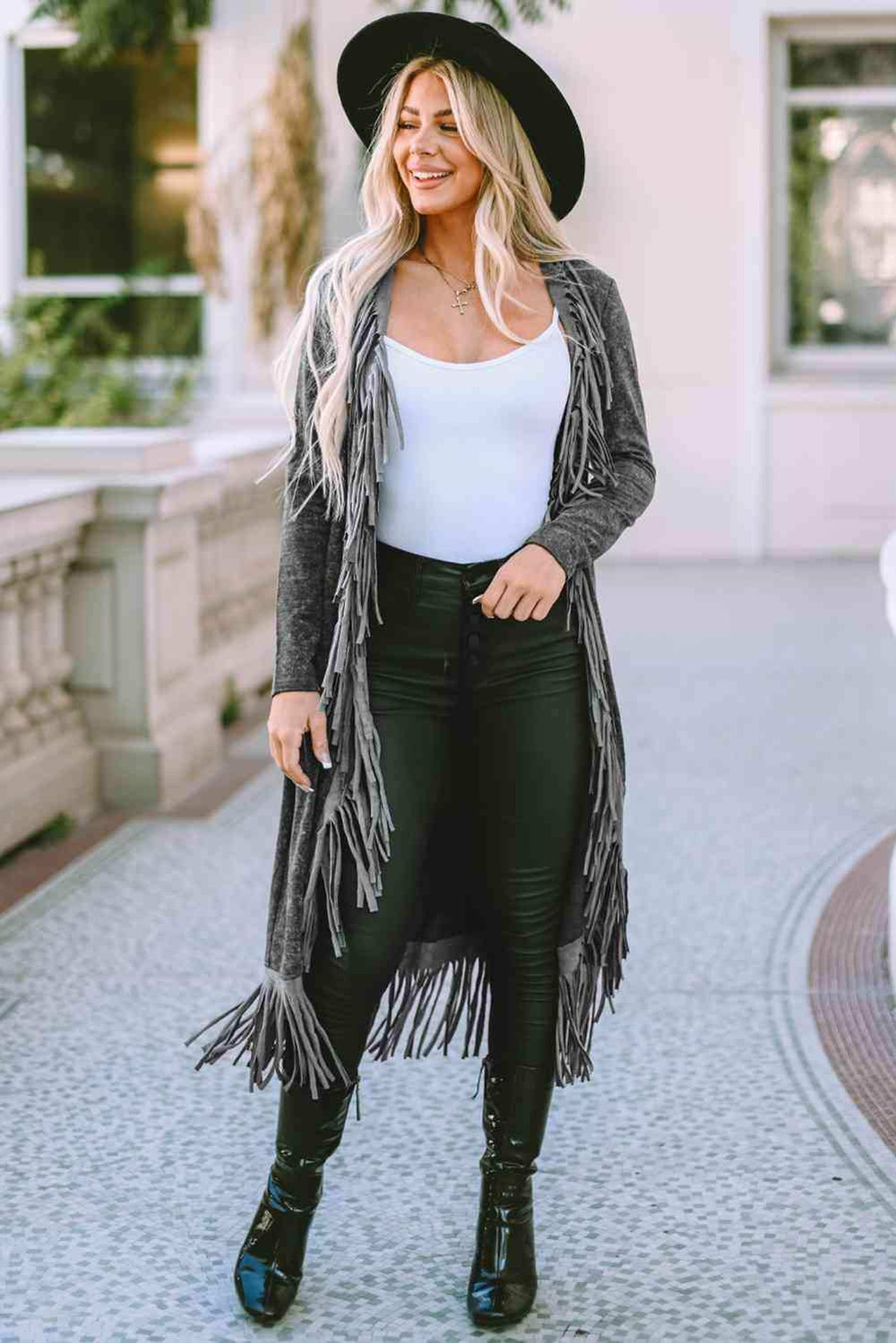 Fringe Detail Long Sleeve Cardigan - Trendsi - Flyclothing LLC