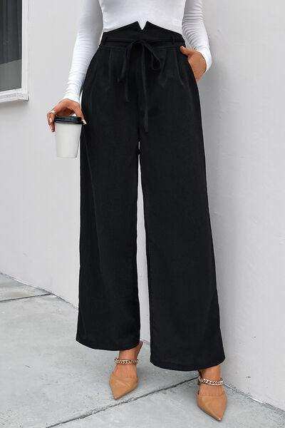 High Waist Ruched Tie Front Wide Leg Pants - Trendsi - Flyclothing LLC