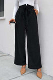 High Waist Ruched Tie Front Wide Leg Pants - Trendsi - Flyclothing LLC