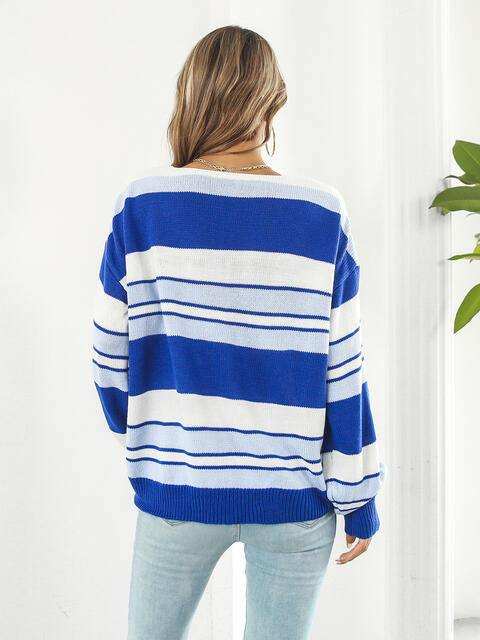 Striped V-Neck Long Sleeve Knit Top - Trendsi - Flyclothing LLC