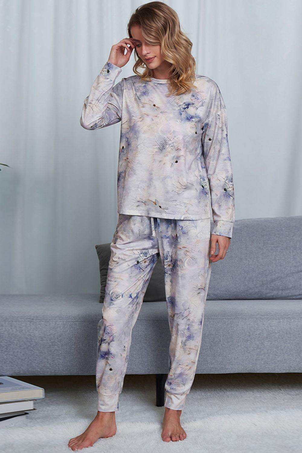Tie-Dye Crewneck Top and Drawstring Waist Joggers Lounge Set - Trendsi - Flyclothing LLC