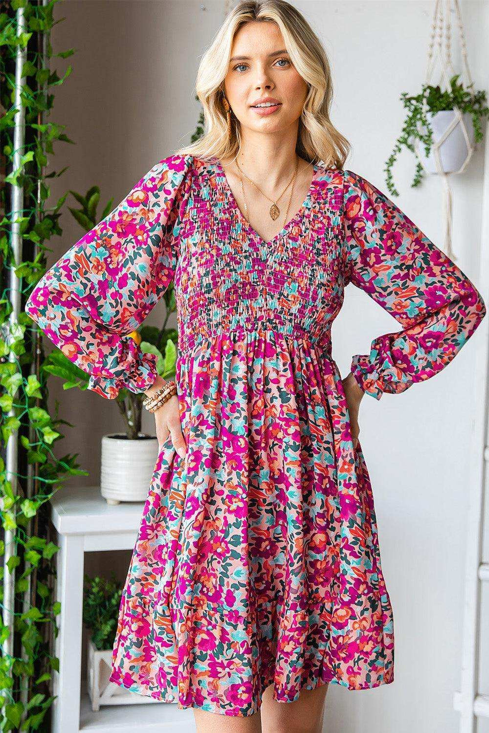 Floral Smocked V-Neck Flounce Sleeve Dress - Trendsi - Flyclothing LLC