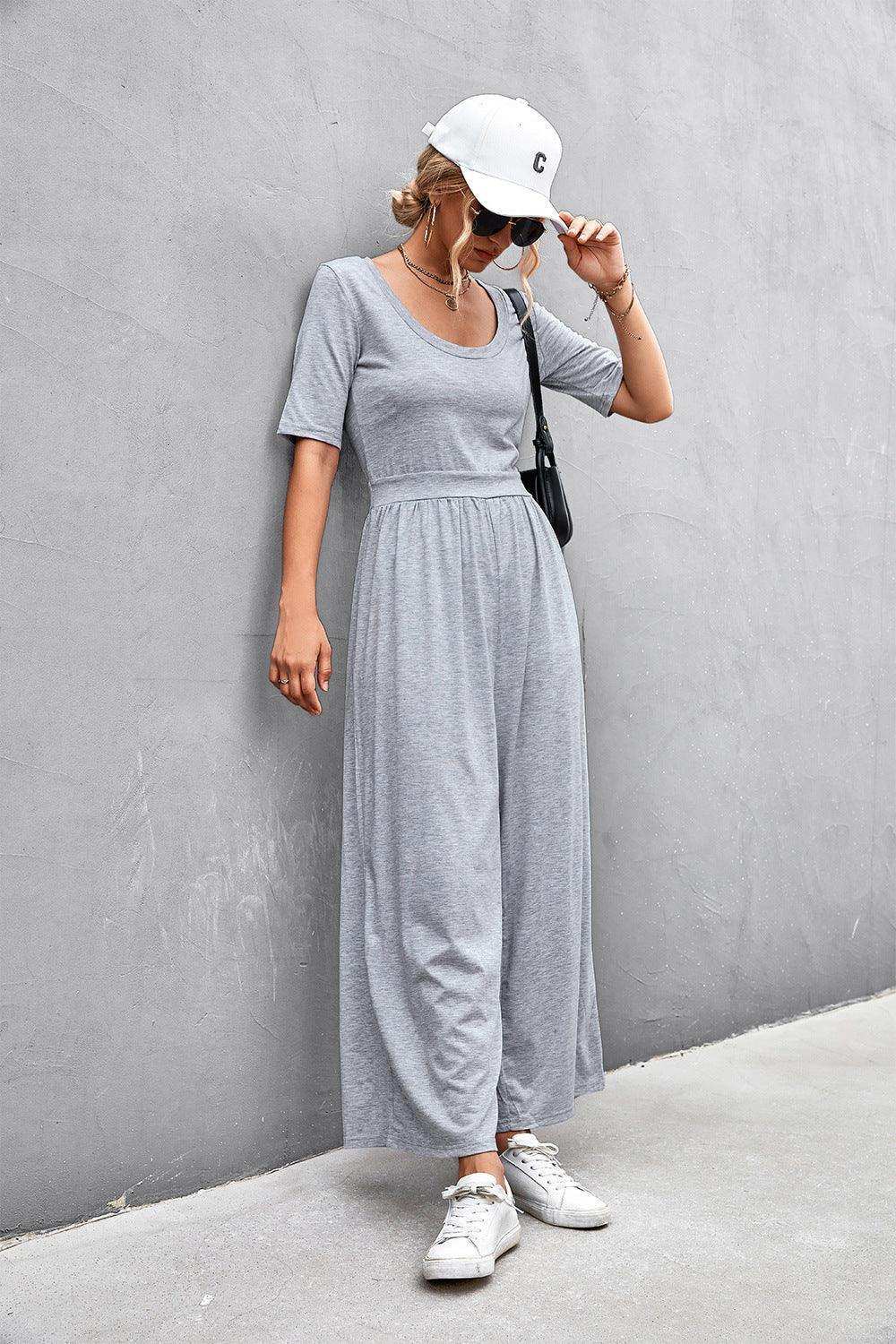 Scoop Neck Half Sleeve Wide Leg Jumpsuit - Trendsi - Flyclothing LLC
