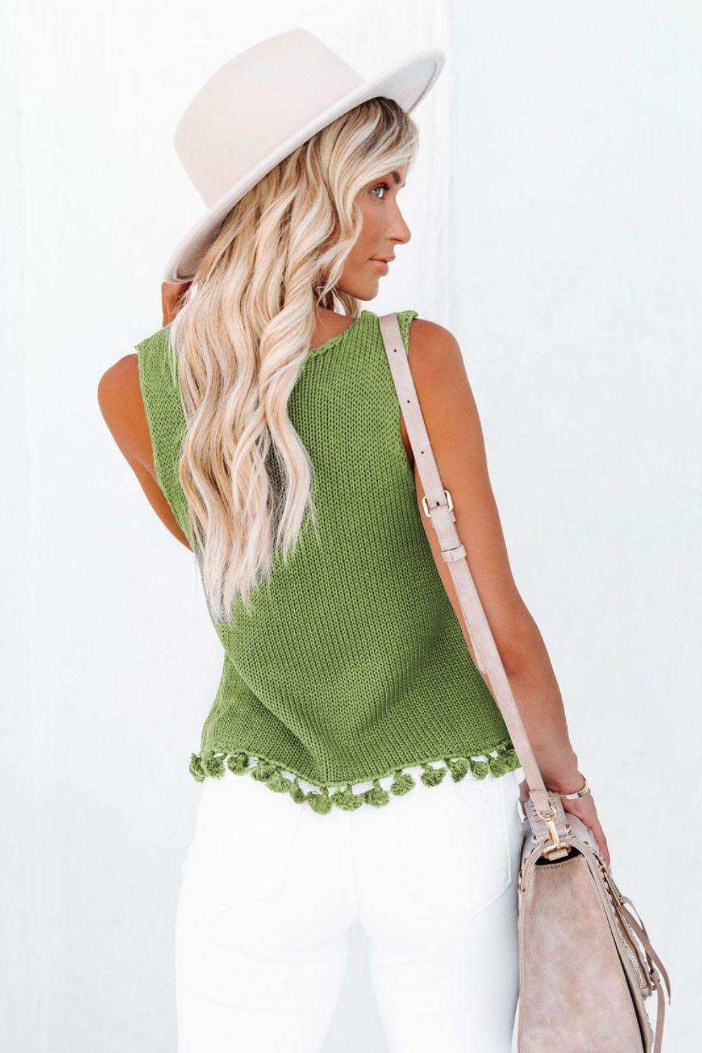 Openwork Tassel Hem Knit Tank - Trendsi - Flyclothing LLC