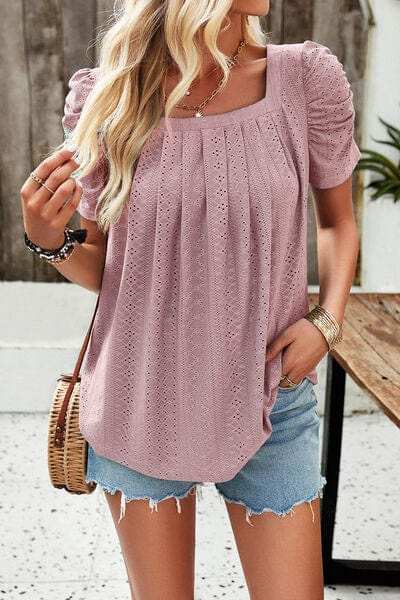 Eyelet Square Neck Puff Sleeve T-Shirt - Trendsi - Flyclothing LLC