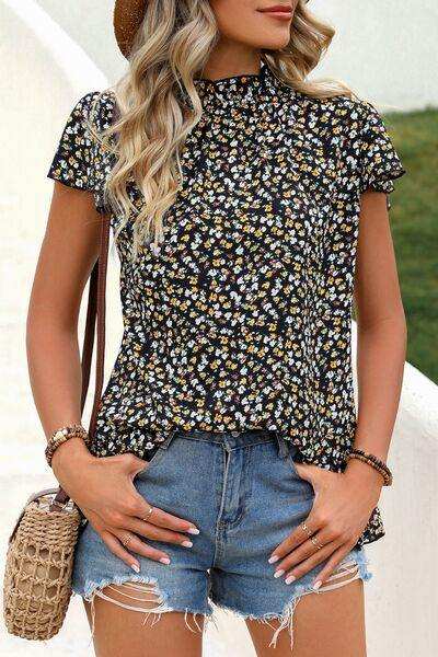 Ditsy Floral Mock Neck Short Sleeve T-Shirt - Trendsi - Flyclothing LLC