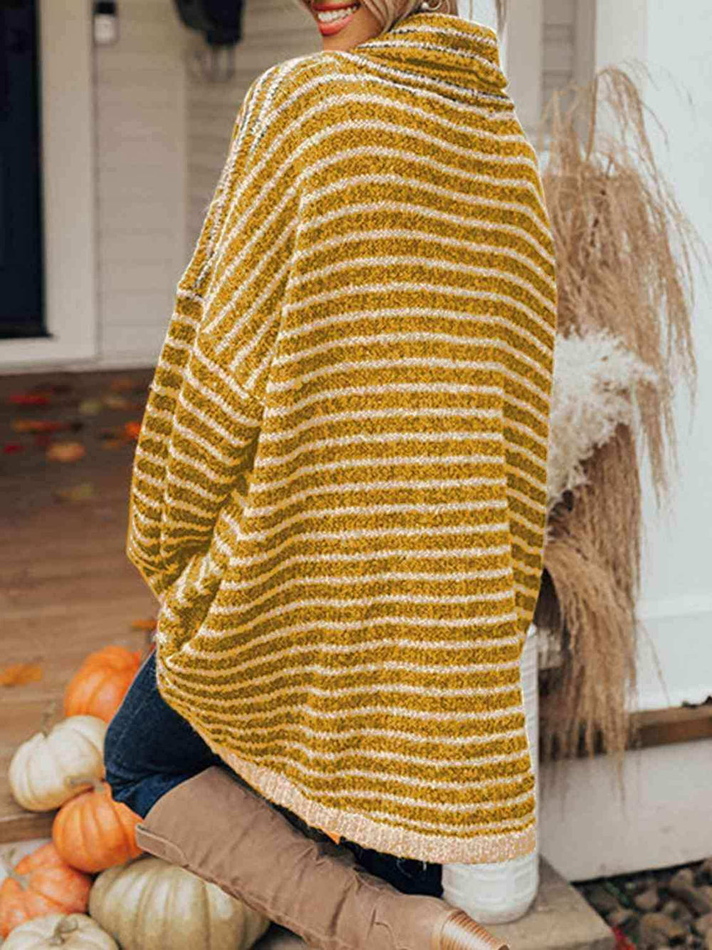 Striped Turtleneck Sweater with Pockets - Trendsi - Flyclothing LLC