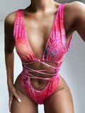 Lace-Up Backless Plunge One-Piece Swimwear - Trendsi - Flyclothing LLC