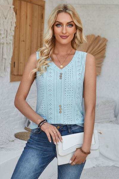 Eyelet Decorative Button V-Neck Tank - Trendsi - Flyclothing LLC