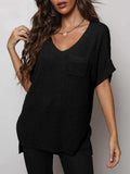 V-Neck Slit High-Low Knit Top - Trendsi - Flyclothing LLC