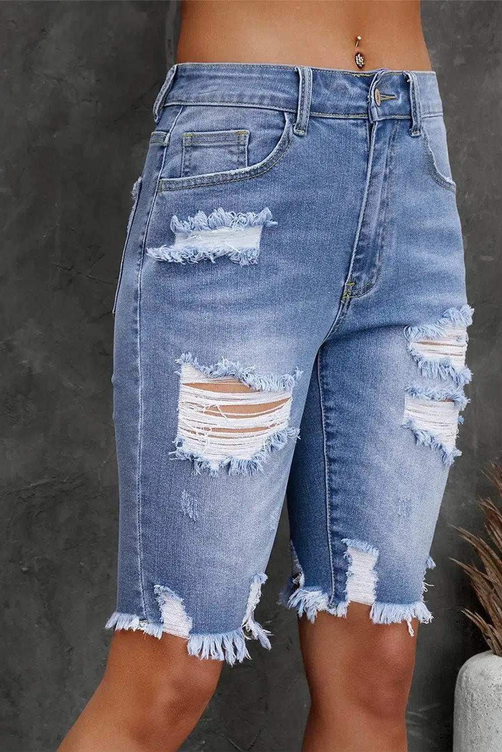 Distressed Frayed Hem Denim Bermuda Shorts - Trendsi - Flyclothing LLC
