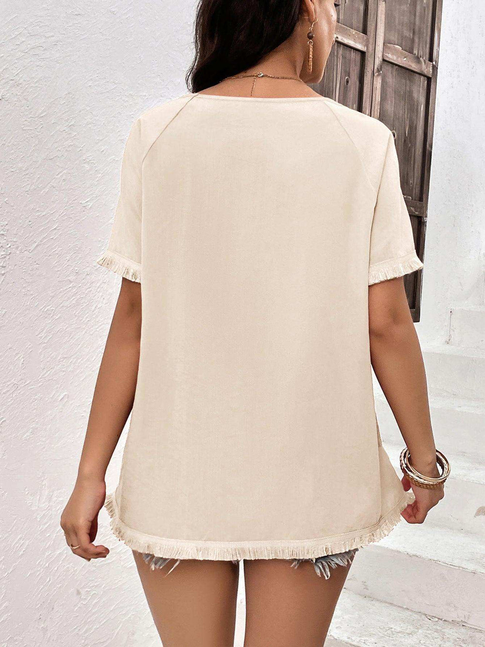 Round Neck Raglan Sleeve Fringe Detail Top - Trendsi - Flyclothing LLC