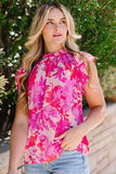 Frill Floral Mock Neck Cap Sleeve Blouse - Trendsi - Flyclothing LLC