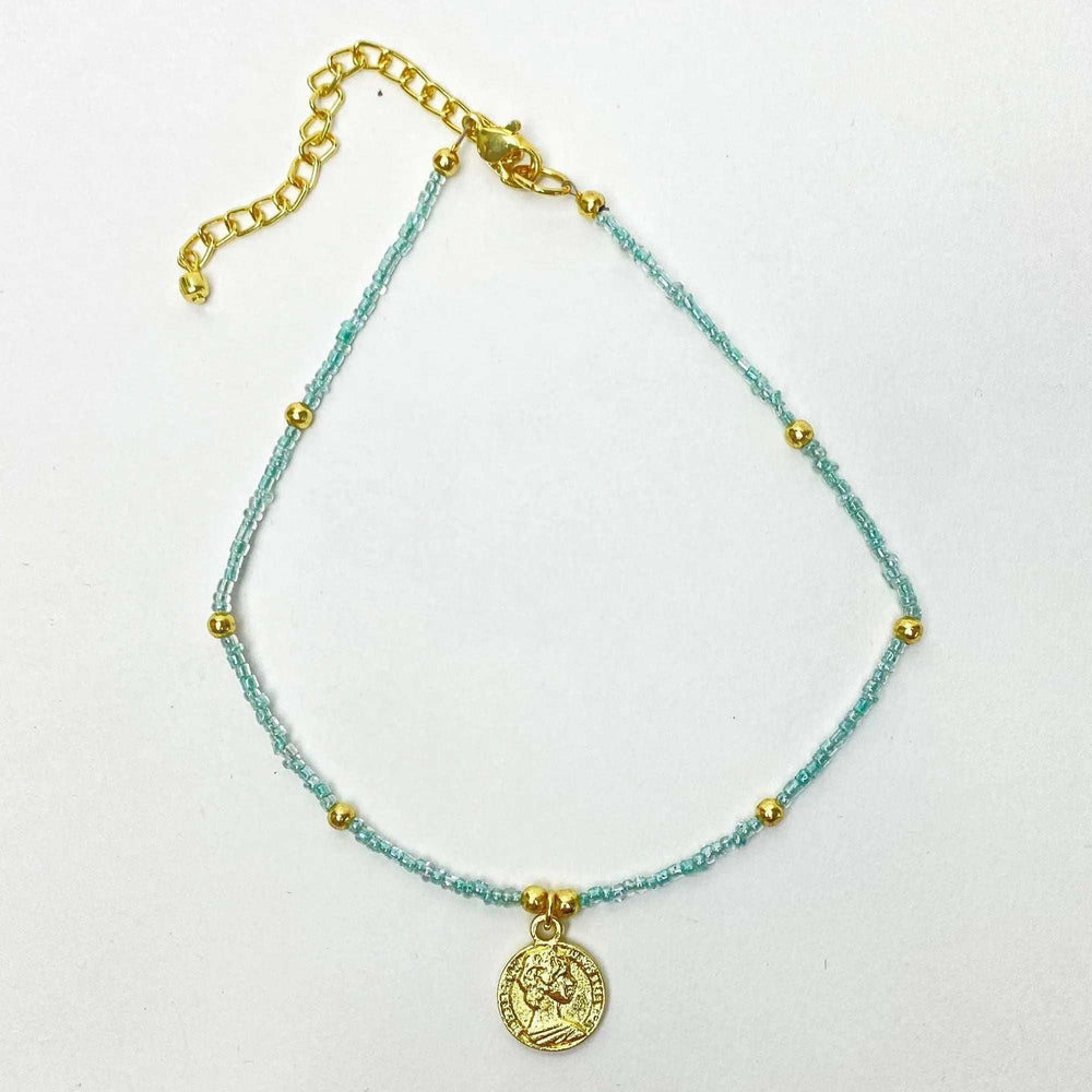 Baby blue Glass Bead Choker with Brass Coin Pendant - Asha Handicrafts - Flyclothing LLC