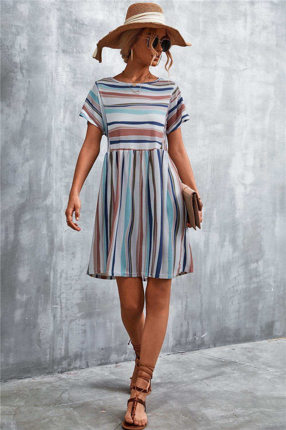Striped Round Neck Dress - Trendsi - Flyclothing LLC