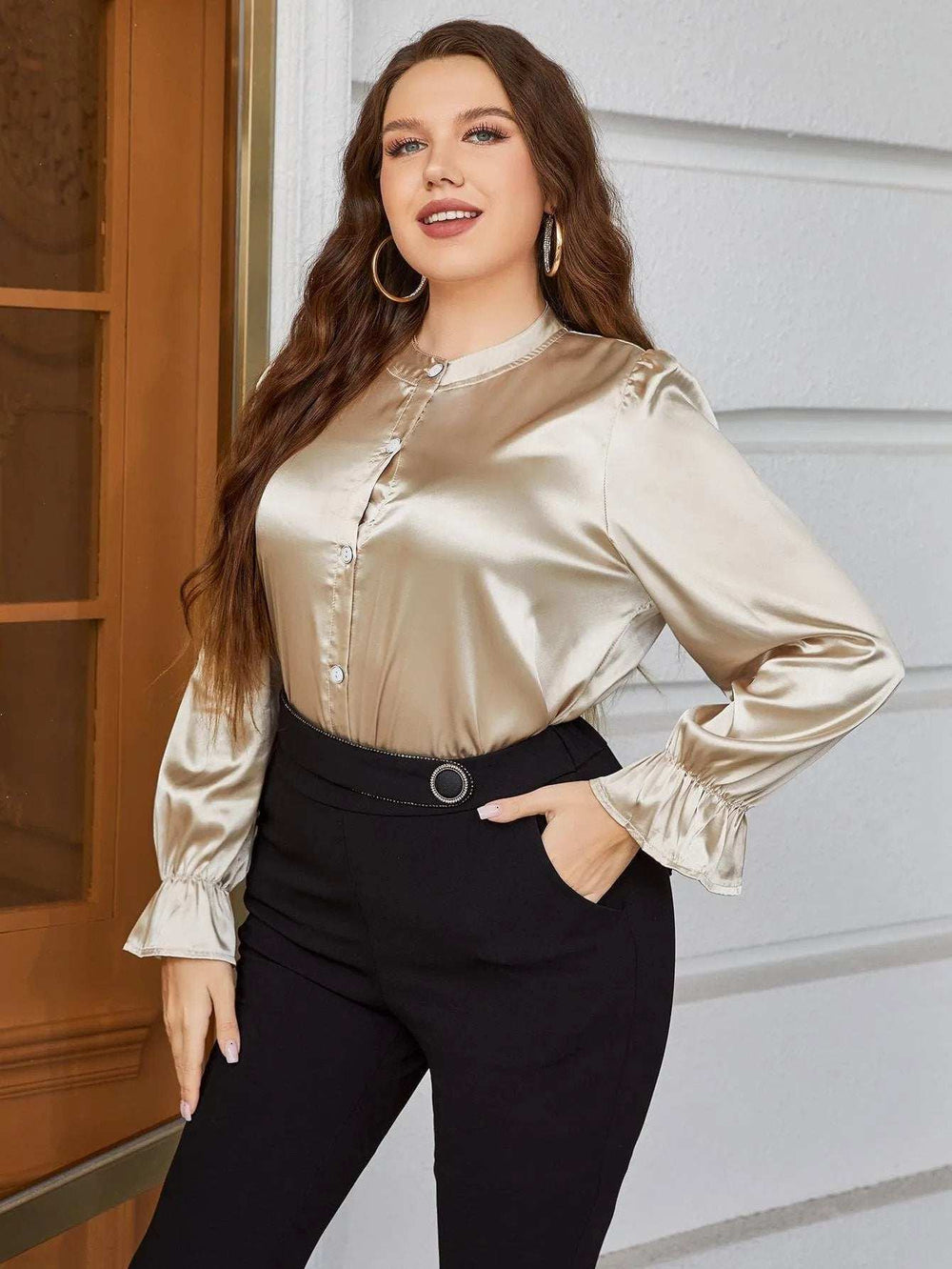 Plus Size Flounce Sleeve Band Collar Shirt - Trendsi - Flyclothing LLC