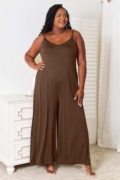 Double Take Full Size Soft Rayon Spaghetti Strap Tied Wide Leg Jumpsuit - Trendsi - Flyclothing LLC
