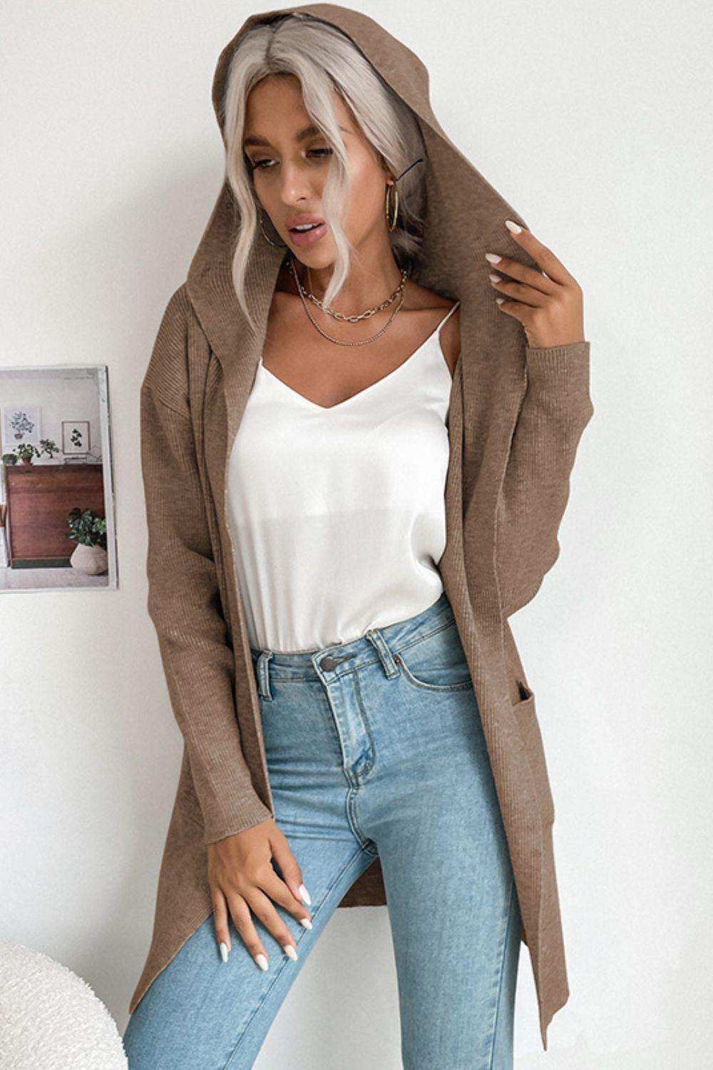 Ribbed Open Front Hooded Cardigan with Pockets - Trendsi - Flyclothing LLC
