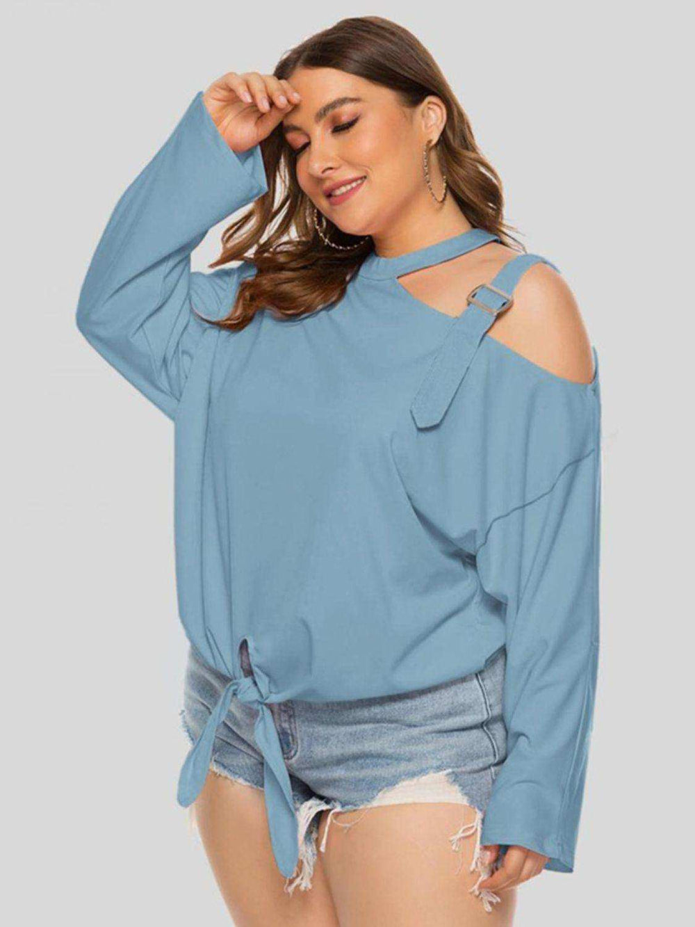 Plus Size Cold-Shoulder Tied Top - Trendsi - Flyclothing LLC