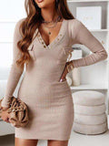 V-Neck Long Sleeve Ribbed Dress - Trendsi - Flyclothing LLC