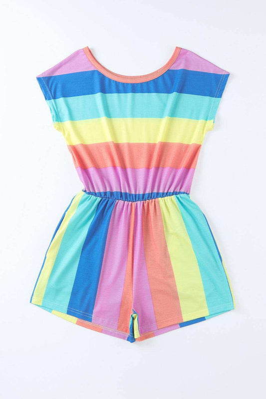 Multicolored Stripe Round Neck Romper - Trendsi - Flyclothing LLC