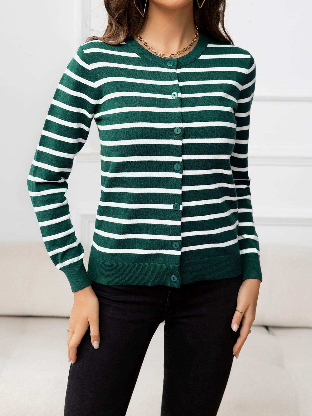 Striped Round Neck Long Sleeve Buttoned Knit Top - Trendsi - Flyclothing LLC