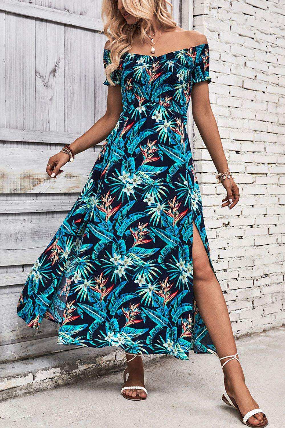 Floral Off-Shoulder Slit Dress - Trendsi - Flyclothing LLC