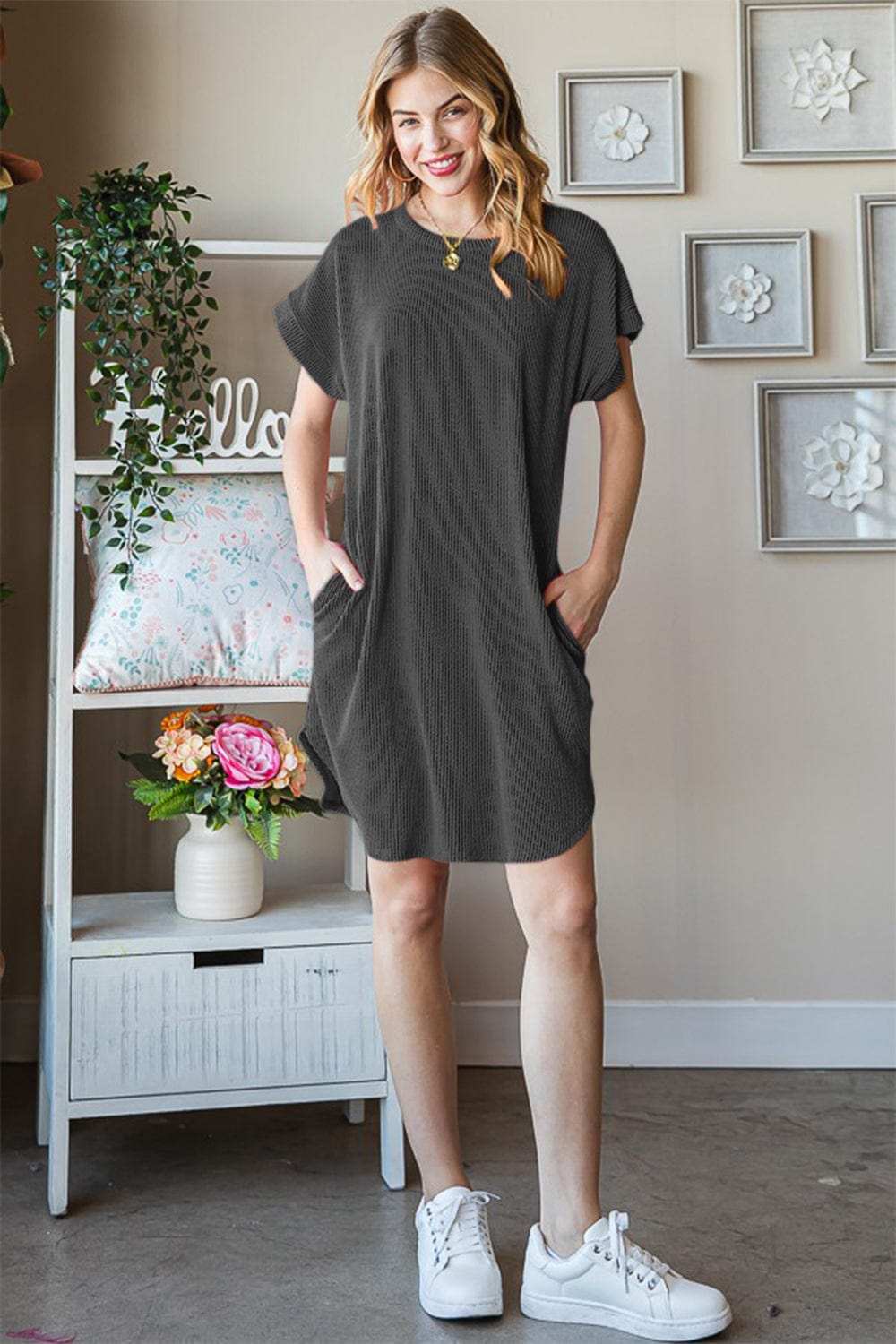Heimish Full Size Ribbed Round Neck Short Sleeve Tee Dress - Trendsi - Flyclothing LLC