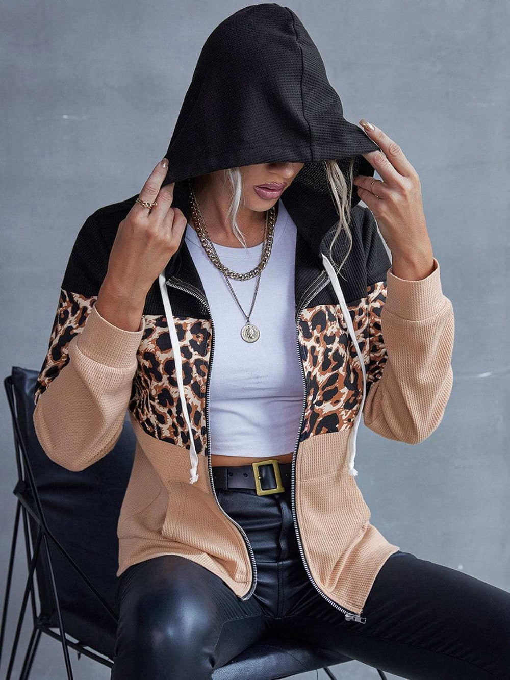 Drawstring Leopard Zip Up Hooded Jacket - Trendsi - Flyclothing LLC