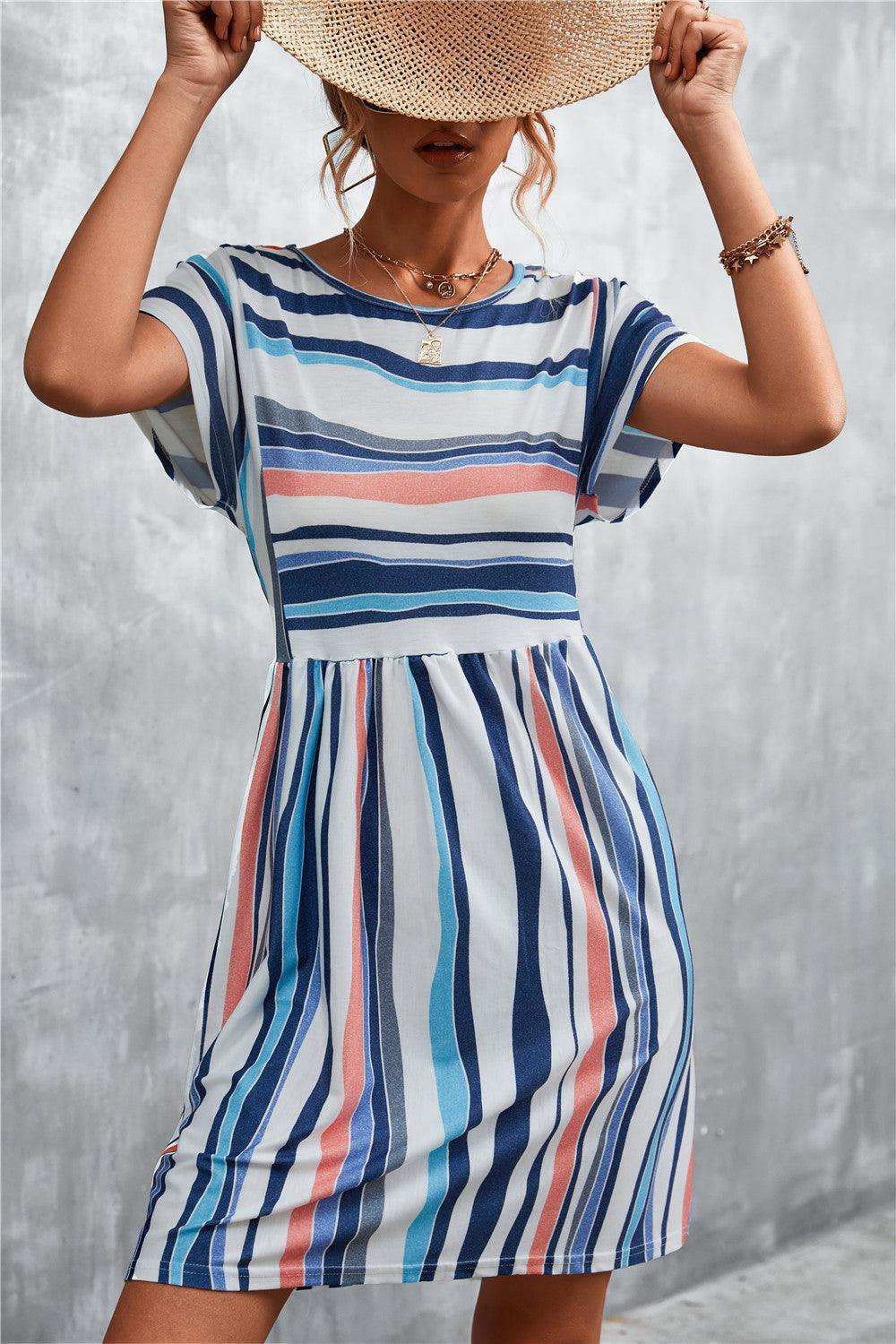 Striped Round Neck Dress - Trendsi - Flyclothing LLC