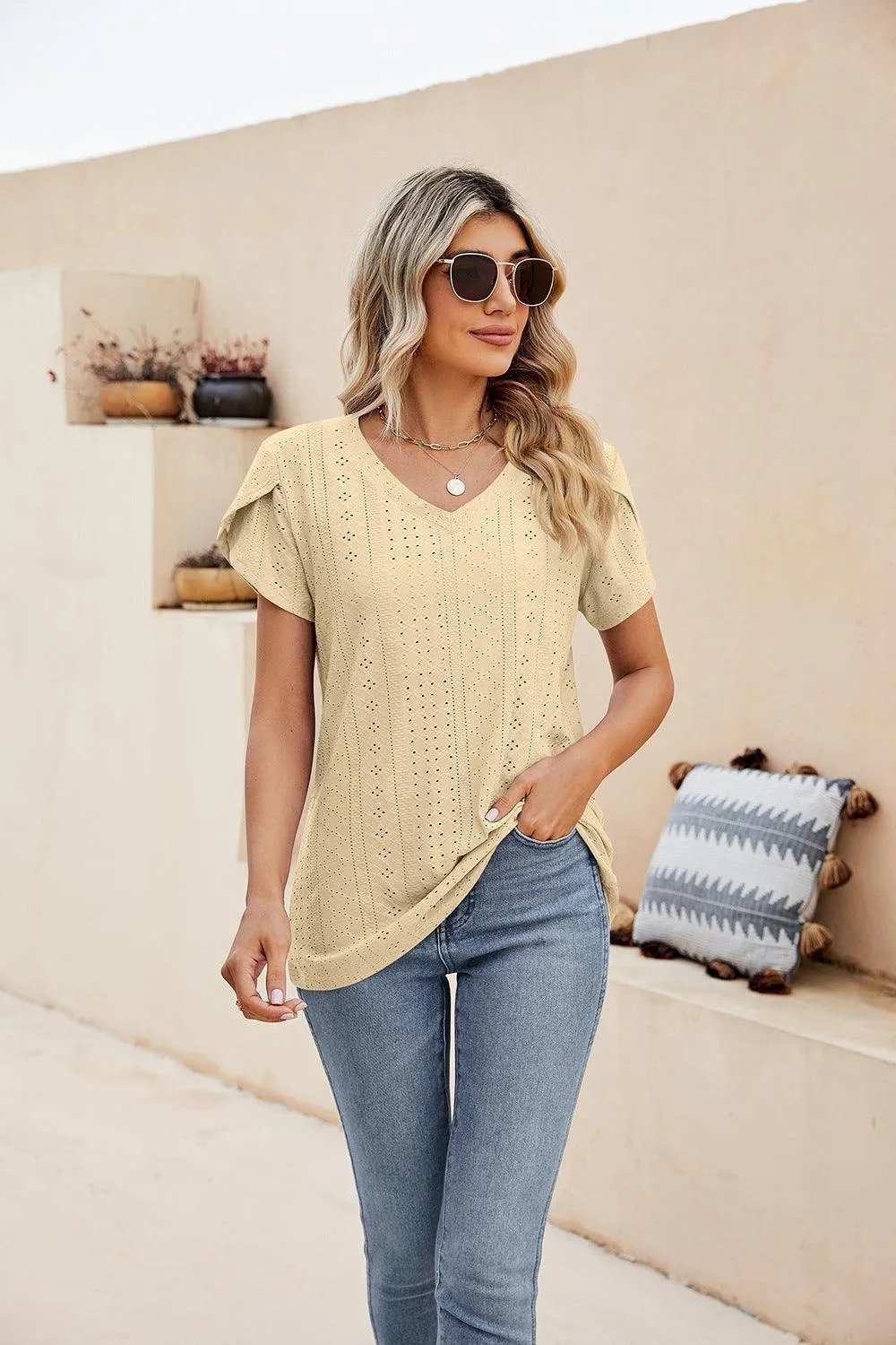 Eyelet Petal Sleeve V-Neck Knit Top - Trendsi - Flyclothing LLC
